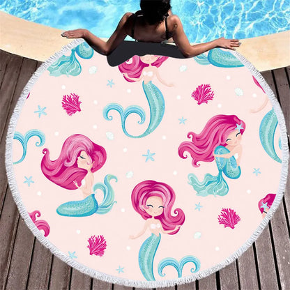 Beach towel Cartoon pink mermaid microfiber round Liebe - Making Life Easier