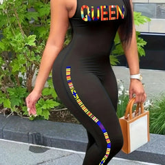 Queen Letter Print Tank Jumpsuit, Slim Solid Casual Jumpsuit For Spring & Summer, Women's Clothing HASHTAG