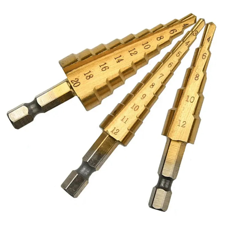 Step Drill Titanium Plated Hexagonal Shank Straight Groove 3-12/4-12/4-20/4-32mm Pagoda Drill Drilling Tool Accessory Set HASHTAG