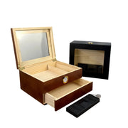 Flip-Top Wooden Cigar Humidor with Hygrometer, Two-Layer Desktop Storage Box, Black Brown Color Options HASHTAG
