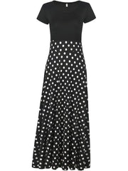 Printed Splicing Crew Neck Dress, Elegant Short Sleeve Slim Waist Pleated Maxi Dress, Women's Clothing For Elegant Dressing HASHTAG