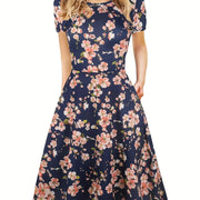 Elegant Retro A-line Dress, Short Sleeve Casual Dress For Spring & Summer, Women's Clothing HASHTAG