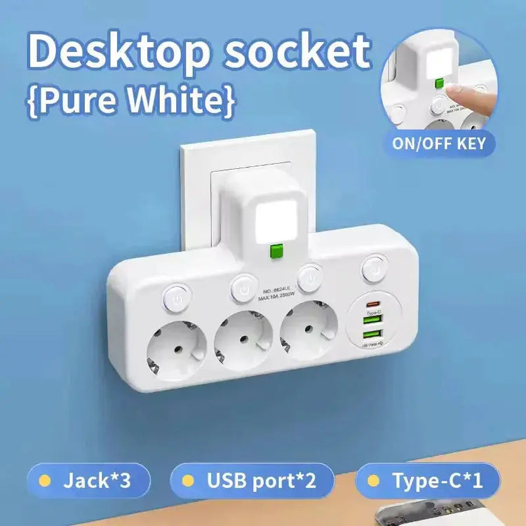 EU plug and socket, 4-pole socket, multifunctional wall plug, with or without extension cords or USB and Type-C interfaces HASHTAG