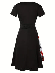 [V Neck Asymmetrical Dress] Asymmetrical V Neck Dress, Vintage Short Sleeve Slim Waist Comfy Dress, Women's Clothing Wedding/Evening dress/Occasion/Engagement/Ceremony HASHTAG