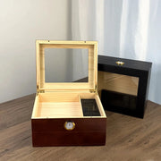 Flip-Top Wooden Cigar Humidor with Hygrometer, Two-Layer Desktop Storage Box, Black Brown Color Options HASHTAG