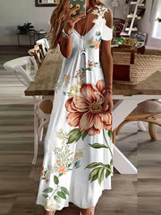 Floral Print Maxi Dress - Short Sleeve, V Neck, Casual, Lace Up, Women's Clothing for Everyday Wear HASHTAG