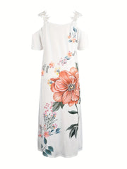 Floral Print Maxi Dress - Short Sleeve, V Neck, Casual, Lace Up, Women's Clothing for Everyday Wear HASHTAG