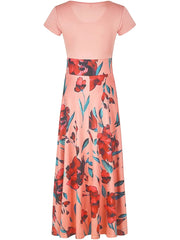 Printed Splicing Crew Neck Dress, Elegant Short Sleeve Slim Waist Pleated Maxi Dress, Women's Clothing For Elegant Dressing HASHTAG