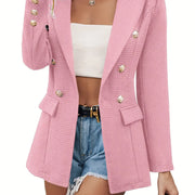 Lapel Double Breasted Blazer, Elegant Long Sleeve Work Office Outerwear With Pockets, Women's Clothing HASHTAG