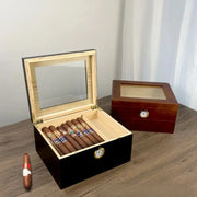 Flip-Top Wooden Cigar Humidor with Hygrometer, Two-Layer Desktop Storage Box, Black Brown Color Options HASHTAG