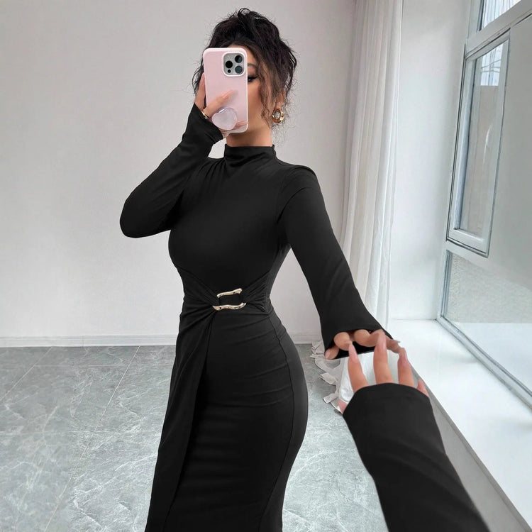 Small Stand-up Collar Knit Solid-color Dress With Metal Buttons HASHTAG