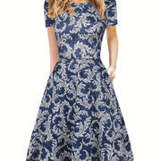 Elegant Retro A-line Dress, Short Sleeve Casual Dress For Spring & Summer, Women's Clothing HASHTAG
