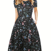 Elegant Retro A-line Dress, Short Sleeve Casual Dress For Spring & Summer, Women's Clothing HASHTAG