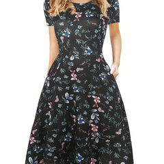 Elegant Retro A-line Dress, Short Sleeve Casual Dress For Spring & Summer, Women's Clothing HASHTAG