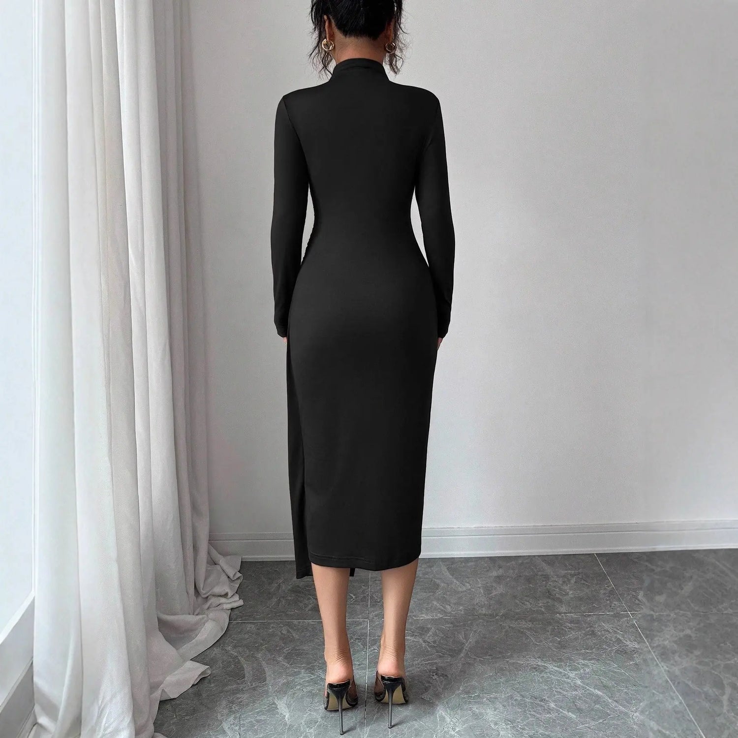 Small Stand-up Collar Knit Solid-color Dress With Metal Buttons HASHTAG