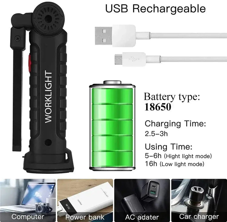 COB LED Work Light Dimmable USB Rechargeable LED Flashlight Inspection Lamp With Magnetic Hook Power Bank 18650 Battery Torch HASHTAG