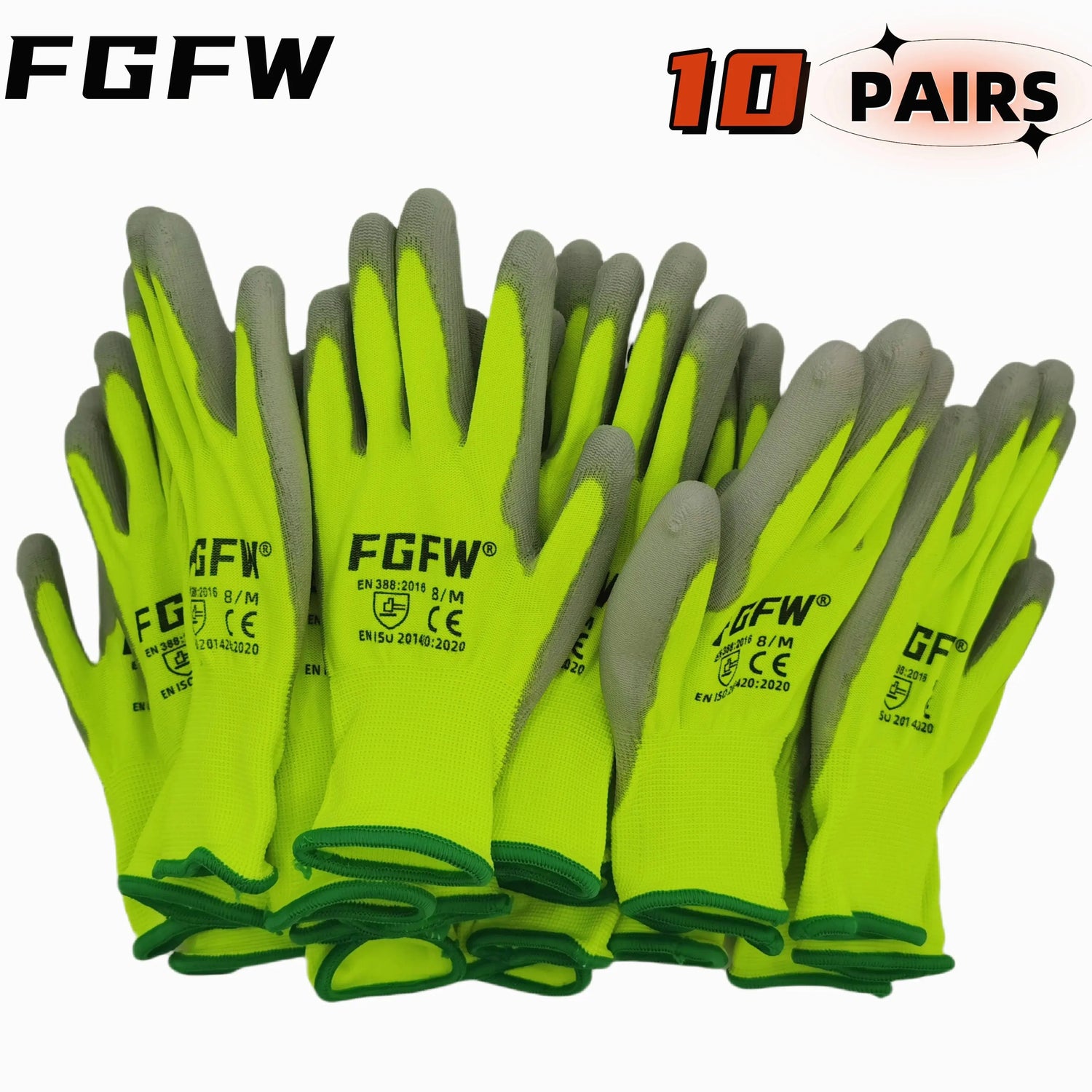10 Pairs PU Coated Work Gloves - Lightweight, Durable Safety Gloves EN 388/ISO20471 Certified, Sizes S/M/L/XL - HASHTAG