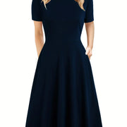Elegant Retro A-line Dress, Short Sleeve Casual Dress For Spring & Summer, Women's Clothing HASHTAG
