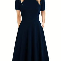 Elegant Retro A-line Dress, Short Sleeve Casual Dress For Spring & Summer, Women's Clothing HASHTAG