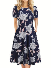 Elegant Retro A-line Dress, Short Sleeve Casual Dress For Spring & Summer, Women's Clothing HASHTAG