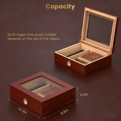 Cigar Humidor Solid Wood with Glass Top, 30 Cigar Capacity Storage Box with Hygrometer Humidifier for Home Decor HASHTAG