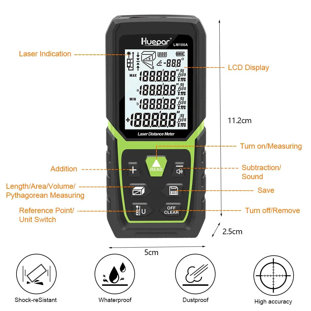 Laser Rangefinder Distance Meter 330Ft/100M Backlit LCD Laser Measure M/In/Ft with Li-Ion Battery & Electric Angle Sensor