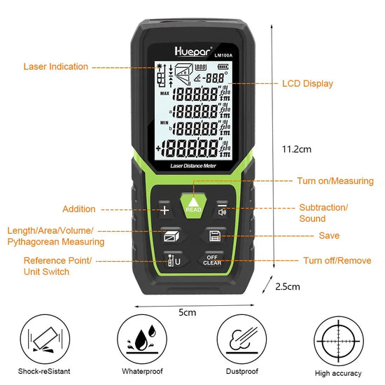 Laser Rangefinder Distance Meter 330Ft/100M Backlit LCD Laser Measure M/In/Ft with Li-Ion Battery & Electric Angle Sensor