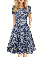 Elegant Retro A-line Dress, Short Sleeve Casual Dress For Spring & Summer, Women's Clothing HASHTAG