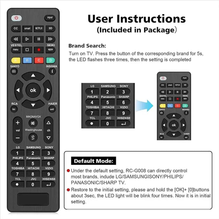 IR Remote Control RCG008 Replacement Universal Remote Control For Sony for Samsung For Panasonic Toshiba For Philips with Light - HASHTAG