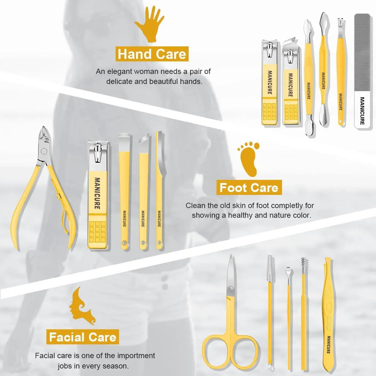 Tagliaunghie Set Professionale - Grooming Kit Strumenti per Manicure E Pedicure 16Pcs Con Lussuosa Custodia Da Viaggio in Pelle(Giallo)