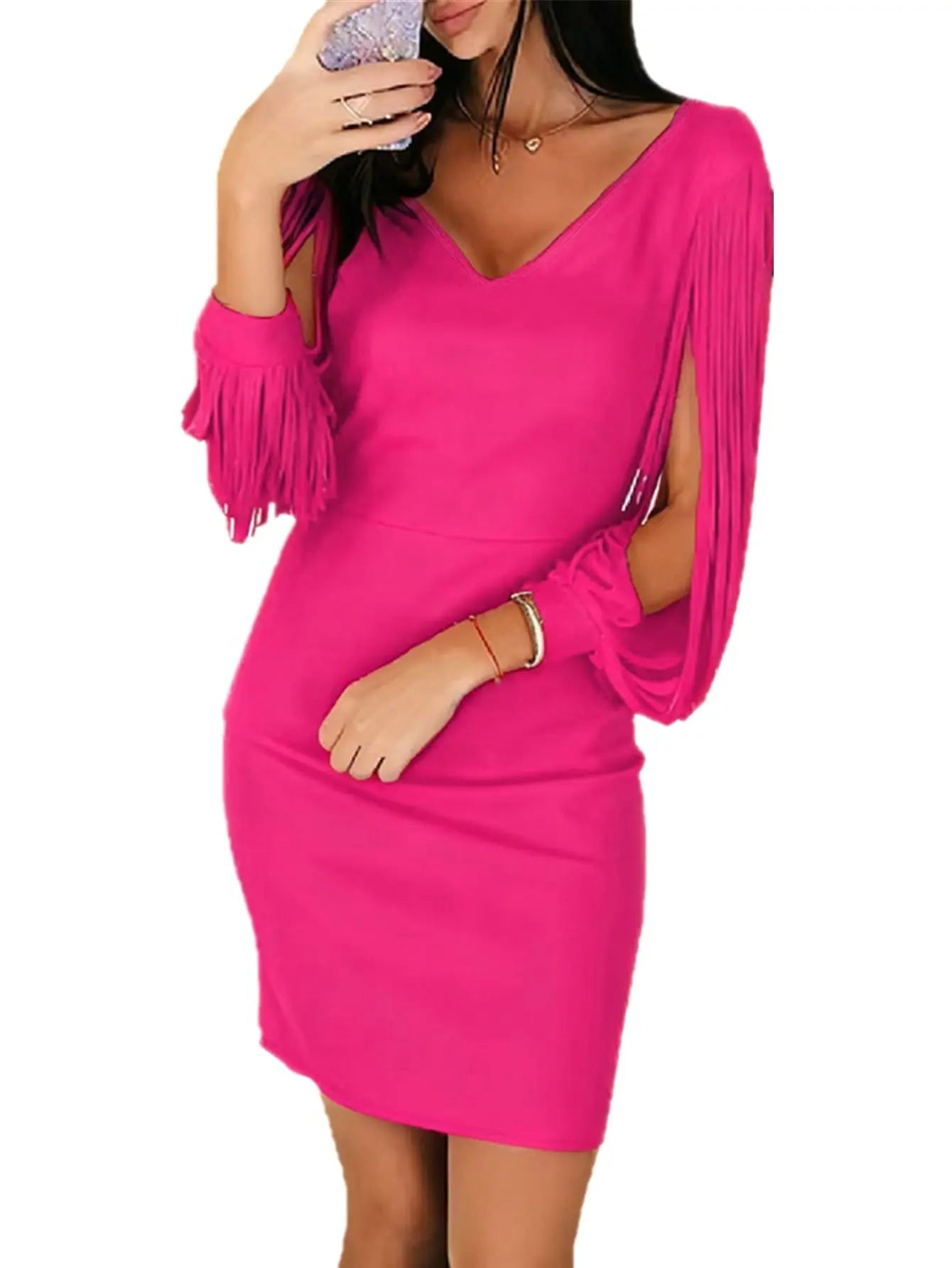 V-neck Tassel Long-sleeve Mini Sheath Party Dress HASHTAG