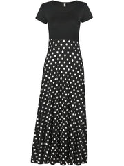 Printed Splicing Crew Neck Dress, Elegant Short Sleeve Slim Waist Pleated Maxi Dress, Women's Clothing For Elegant Dressing HASHTAG