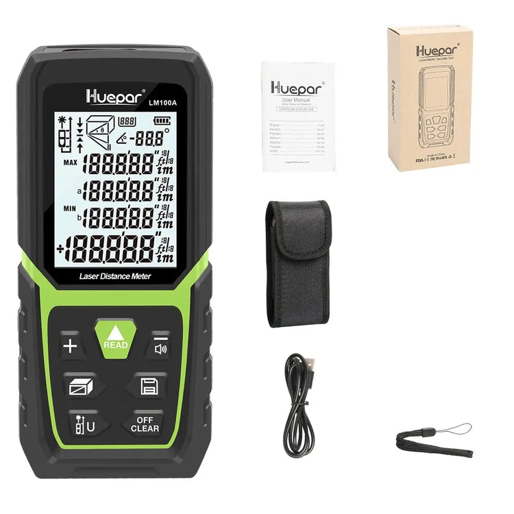 Laser Rangefinder Distance Meter 330Ft/100M Backlit LCD Laser Measure M/In/Ft with Li-Ion Battery & Electric Angle Sensor