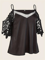 Cold Shoulder Mesh Contrast Blouse, Casual Lace Sleeve V Neck Blouse For Spring & Summer, Women's Clothing HASHTAG