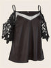 Cold Shoulder Mesh Contrast Blouse, Casual Lace Sleeve V Neck Blouse For Spring & Summer, Women's Clothing HASHTAG