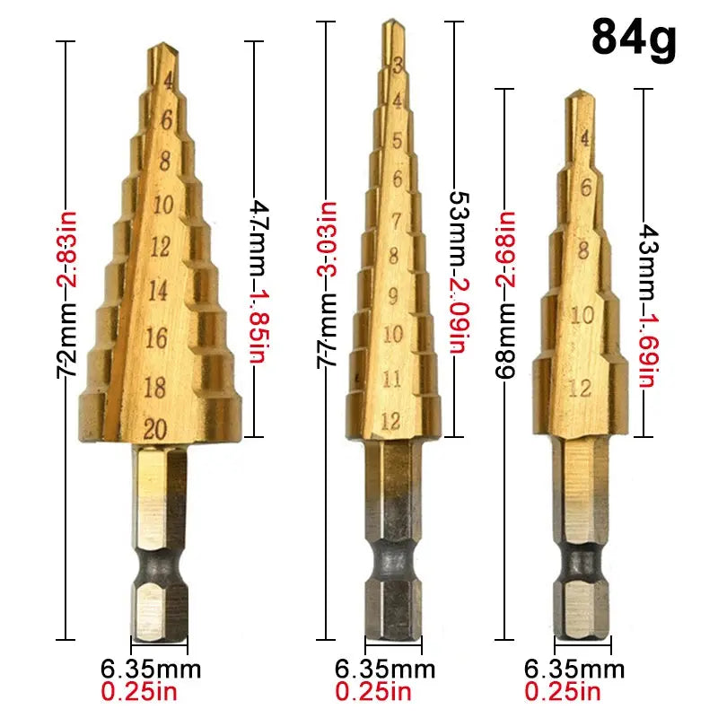 Step Drill Titanium Plated Hexagonal Shank Straight Groove 3-12/4-12/4-20/4-32mm Pagoda Drill Drilling Tool Accessory Set HASHTAG