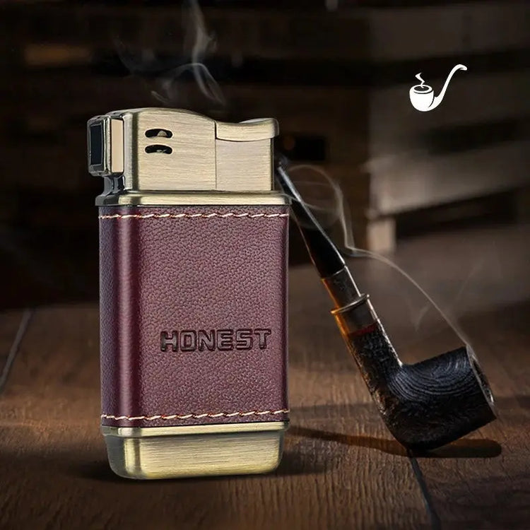 Professional Leather-Wrapped Pipe Lighter with Angled Flame Design, Refillable Windproof Butane Lighter for Tobacco Smokers HASHTAG BAR TABACCHI