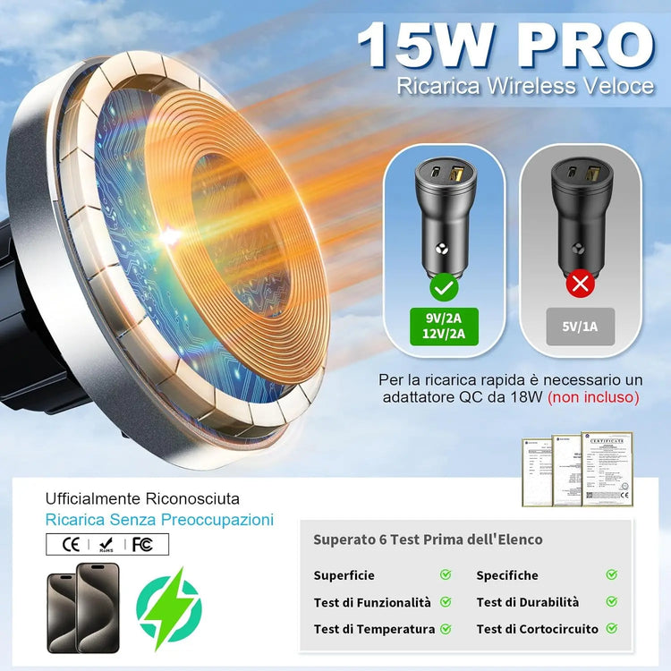 Caricabatterie magnetico wireless per auto MANKIW da 15 W - My Hashtag Shop