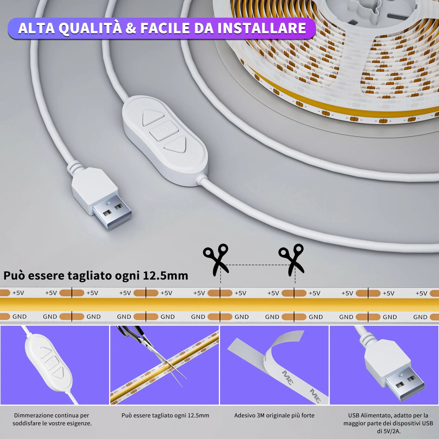 Striscia LED COB USB RGB 5 V 1M con BT - My Hashtag Shop