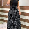 Printed Splicing Crew Neck Dress, Elegant Short Sleeve Slim Waist Pleated Maxi Dress, Women's Clothing For Elegant Dressing HASHTAG