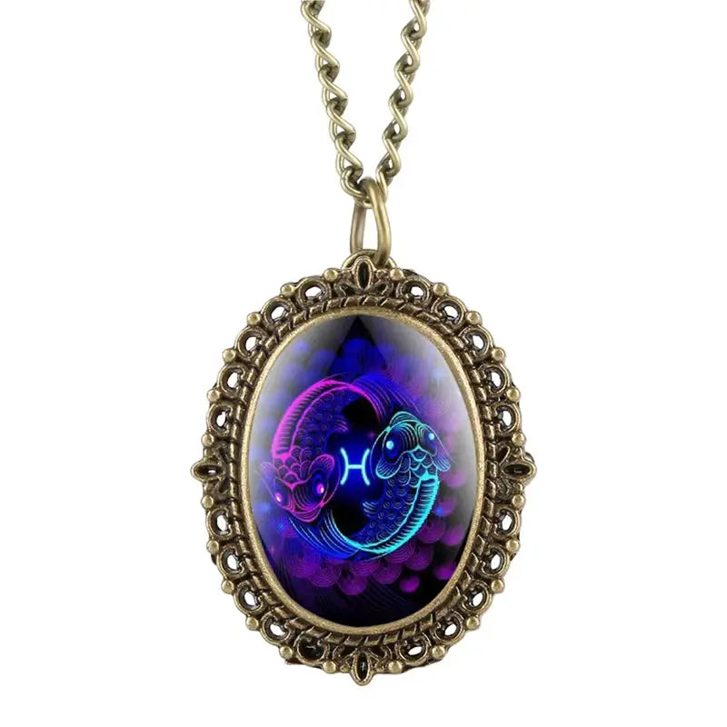 New 12 Constellation Astrology Oval Pocket Watch Unique Fluorescent Blue Zodiac Necklace Pendant Quartz Birthday Gift for Friend