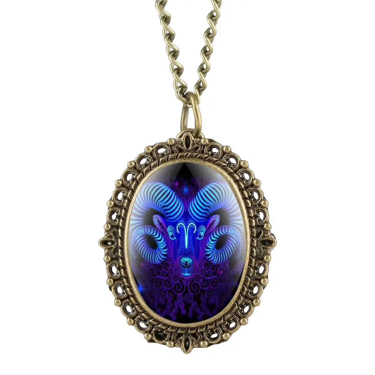 New 12 Constellation Astrology Oval Pocket Watch Unique Fluorescent Blue Zodiac Necklace Pendant Quartz Birthday Gift for Friend