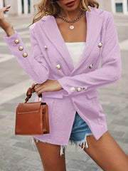 Lapel Double Breasted Blazer, Elegant Long Sleeve Work Office Outerwear With Pockets, Women's Clothing HASHTAG