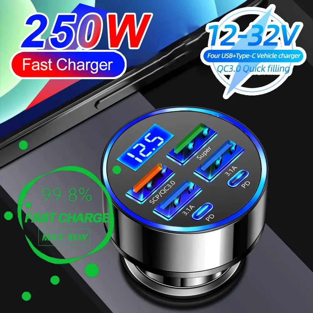 66-250W PD Car Charger QC3.0 Fast Charge One to Six Car Cigarette Lighter Plug Car Charger Flash Charge with Digital Display - HASHTAG