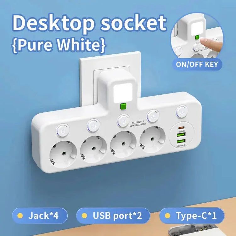 EU plug and socket, 4-pole socket, multifunctional wall plug, with or without extension cords or USB and Type-C interfaces HASHTAG