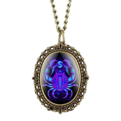 New 12 Constellation Astrology Oval Pocket Watch Unique Fluorescent Blue Zodiac Necklace Pendant Quartz Birthday Gift for Friend