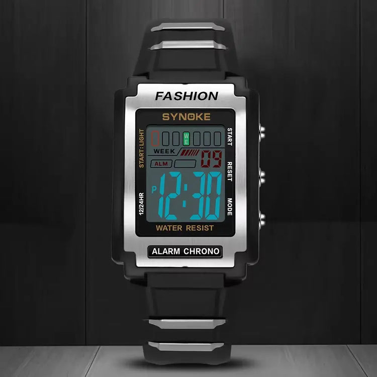 Men Rectangular Sports Electronic Watch Waterproof 50M Night Light Large Screen Alarm Clock Trend Retro Style