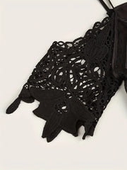 Cold Shoulder Mesh Contrast Blouse, Casual Lace Sleeve V Neck Blouse For Spring & Summer, Women's Clothing HASHTAG