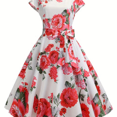 Floral Print Tie Waist Dress, Elegant Crew Neck Cap Sleeve Pleated Dress, Women's Clothing HASHTAG