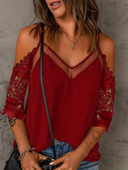 Cold Shoulder Mesh Contrast Blouse, Casual Lace Sleeve V Neck Blouse For Spring & Summer, Women's Clothing HASHTAG